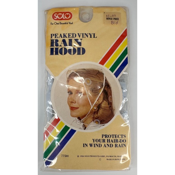 SOLO Accessories - SOLO Peaked Vinyl Rain Hood Bonnet Hat Clear Daisies VTG NEW Sealed Hong Kong